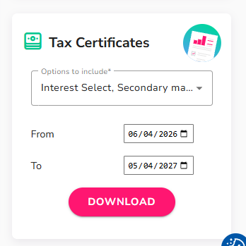 Tax Certificate date range and download options