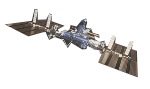 A satellite floating through space, it is being used next to a spaceman.