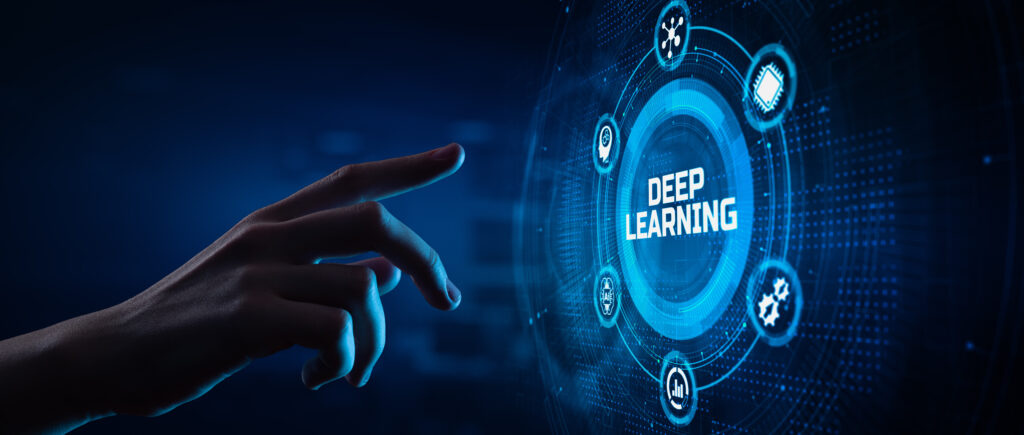 Deep learning artificial intelligence neural network. Hand pressing button on virtual screen.